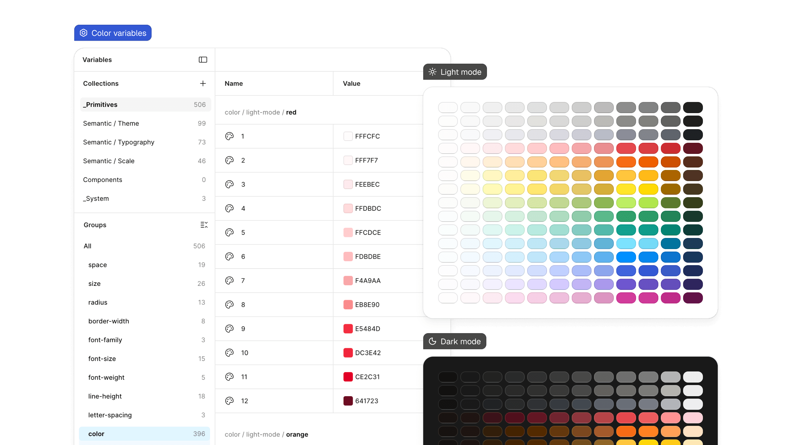 Color system illustration showing accessible color scales for light and dark modes